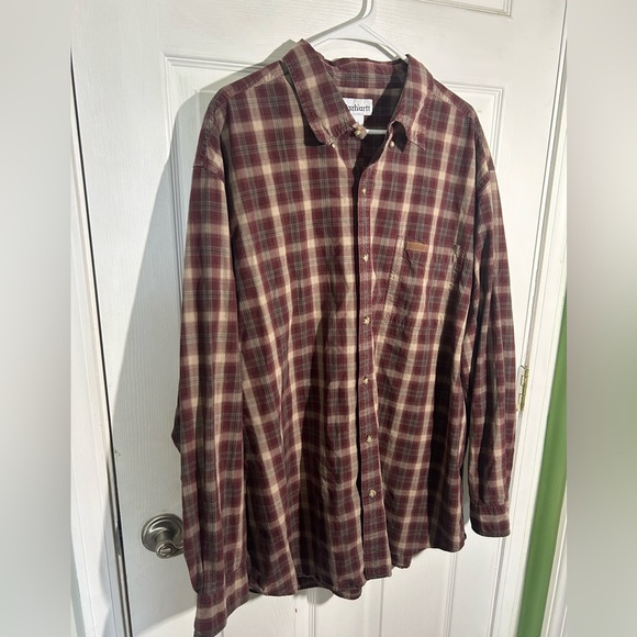 Carhartt Men's Plaid Cotton Long Sleeve Shirt Size XX-Large Brown Burgundy - Picture 2 of 12